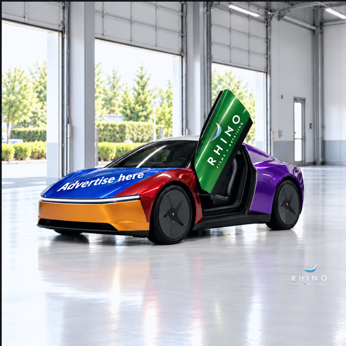 AI-generated multicolor Cyber Taxi concept with Advertise here on the hood and Rhino Films & Detailing logo on the raised green door.