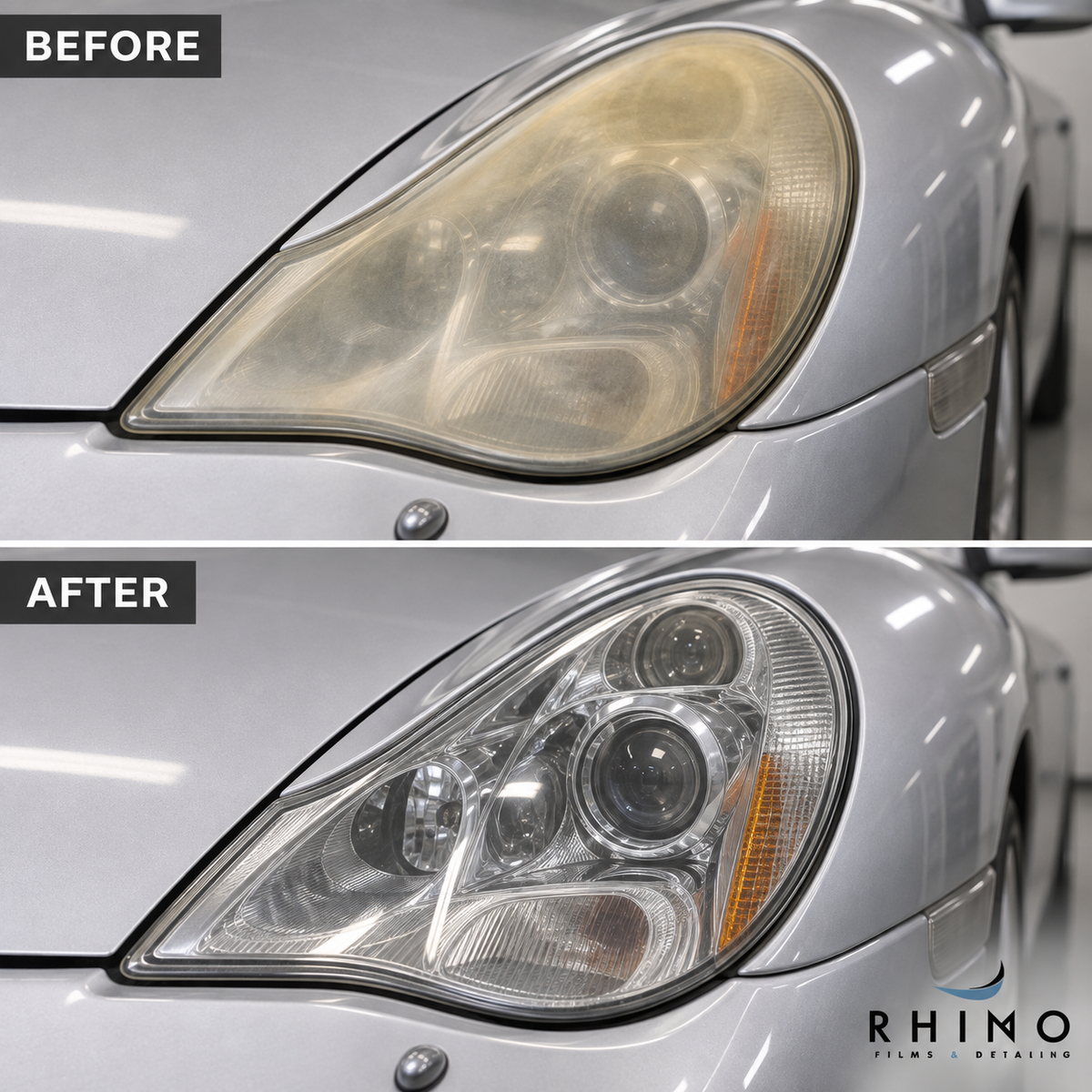 Illustrative Porsche headlight restoration comparison: yellowed and hazy before, clear after, with Rhino Films & Detailing watermark