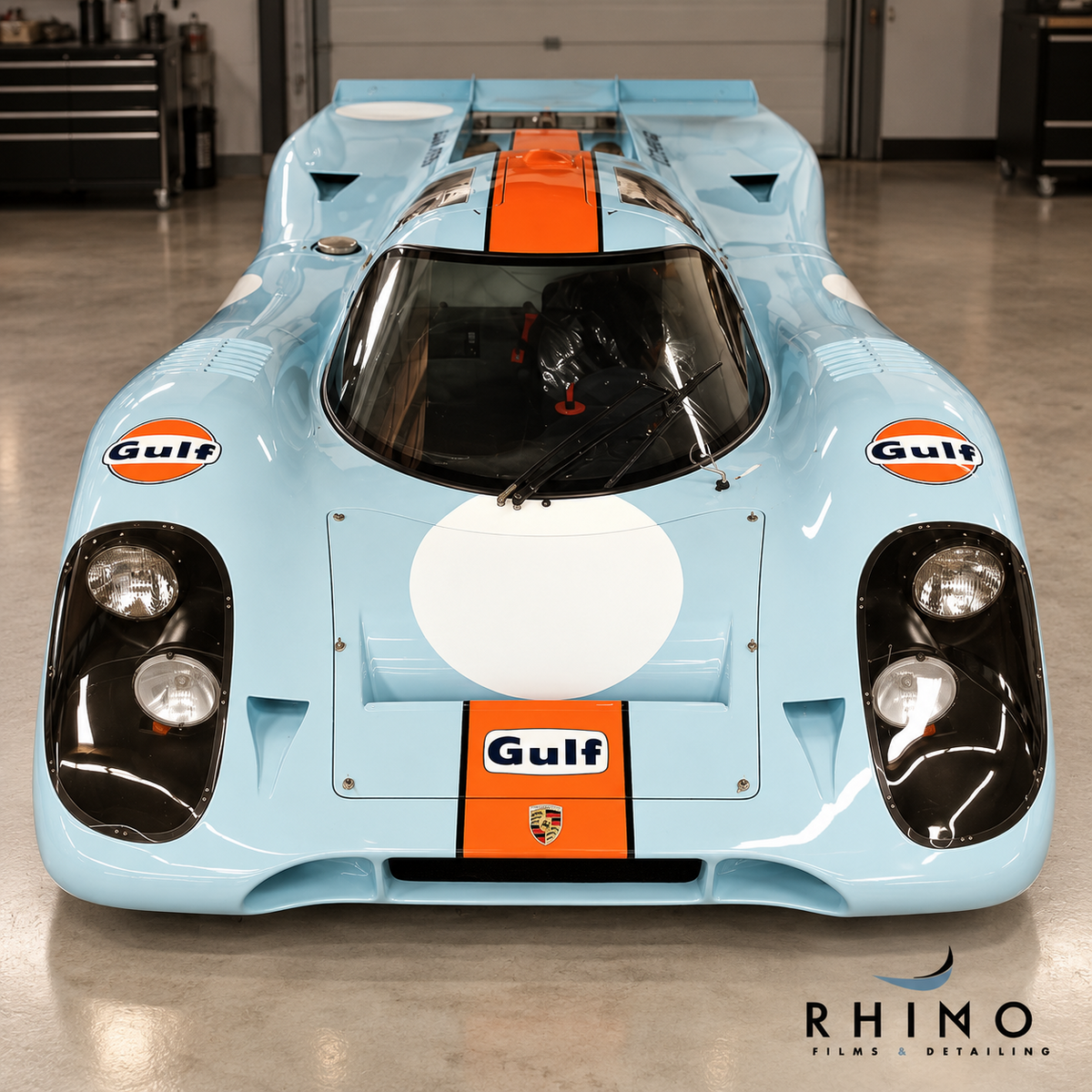 Gulf-liveried Porsche 917 Le Mans race car at Rhino Films & Detailing