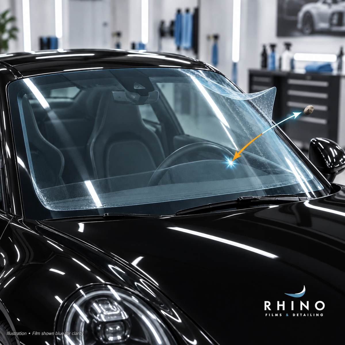 Illustration of exterior windshield protection film on a glossy black Porsche; film shown blue for clarity, with a schematic rock rebound.